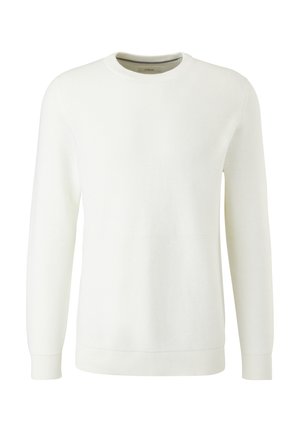 Pull blanc à col rond à manches longues avec poignets et ourlet côtelés, présentant un motif tricoté texturé subtil.