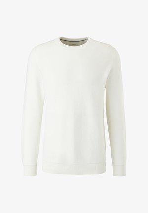 Pull blanc à col rond à manches longues avec poignets et ourlet côtelés, présentant un motif tricoté texturé subtil.