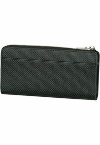 Portafoglio nero testurizzato con chiusura a zip, caratterizzato da un interno liscio, forma rettangolare e design minimalista. Adatto per carte e contanti.