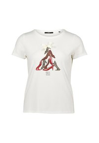 T-shirt en coton blanc avec un motif de chaussures à talons hauts dans diverses couleurs et motifs, y compris rouge, marron et imprimé léopard.