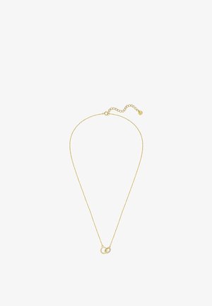 Delicate gold chain necklace with two interlocking rings pendant, one ring adorned with small clear stones, and adjustable clasp chain.