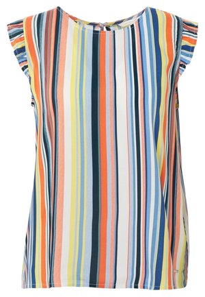 Bluzka bez rękawów w pionowe paski w kolorach pomarańczowym, niebieskim, żółtym, białym i czarnym, z okrągłym dekoltem i marszczonymi krótkimi rękawami.