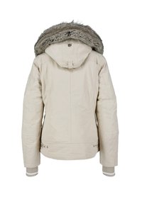 Hellbeige Jacke mit einer mit Fell gefütterten Kapuze, ausgestattet mit gerippten Bündchen und Druckknopf-Details. Glattes Material mit einer taillierten Passform, Rückansicht.