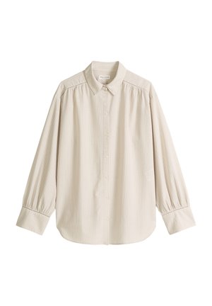 Beige overhemd met lange mouwen en subtiele verticale strepen, puntkraag en brede manchetten.