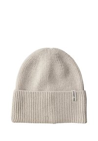 Berretto lavorato a maglia grigio chiaro con texture a coste e risvolto. Presenta un piccolo etichetta del marchio sul lato.