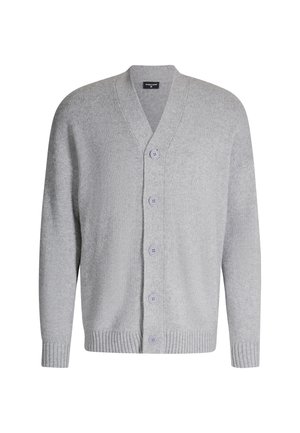 Grijze gebreide cardigan met een V-hals, vijf knopen aan de voorkant, geribde manchetten en zoom. Geweven stof met een zachte uitstraling.