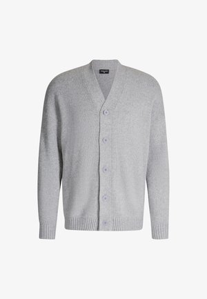 Szary, dziany kardigan z dekoltem w serek, pięcioma guzikami z przodu, ściągaczami przy mankietach i u dołu. Teksturowana tkanina o miękkim wyglądzie.