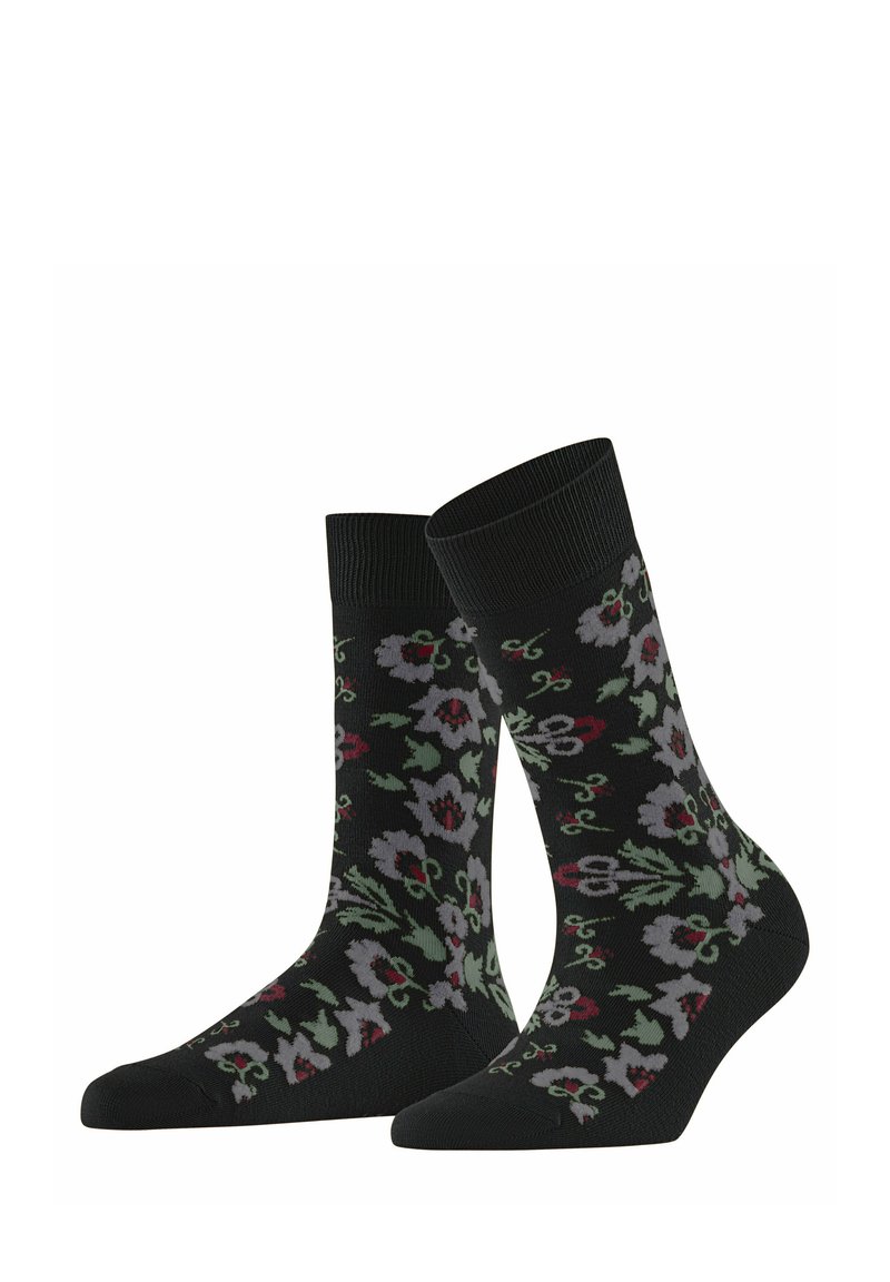 Czarne skarpetki z kwiatowym wzorem w odcieniach szarości, czerwieni i zieleni. Prążkowane mankiety oraz wzmocniony nosek, wykonane z miękkiej, teksturowanej mieszanki.