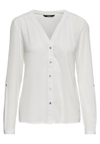 Blusa bianca a maniche lunghe con scollo a V, chiusura frontale con bottoni, tessuto testurizzato e pieghe sottili sulle spalle. Presenta bottoni argentati.