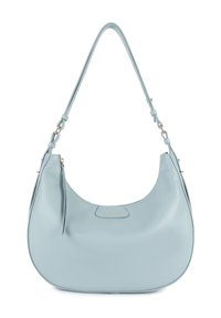 Sac à main en cuir bleu clair avec une forme arrondie, une fine bandoulière et un accent en métal doré. Il dispose d'un détail de poche zippée.