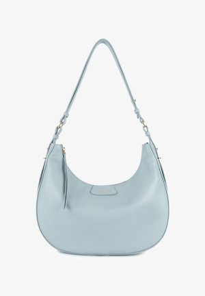 Light blue leather handbag with a rounded shape, thin shoulder strap, and a gold-tone hardware accent. Features a zip pocket detail.