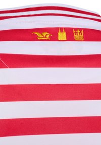 Un tissu rayé rouge et blanc présente en haut trois symboles jaunes brodés : un oiseau, la silhouette d'une ville et une couronne.