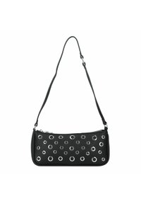 Borsa a spalla in pelle nera con forma piatta, decorata con dettagli in occhio di bue argentati e chiusura con zip, dotata di tracolla removibile.