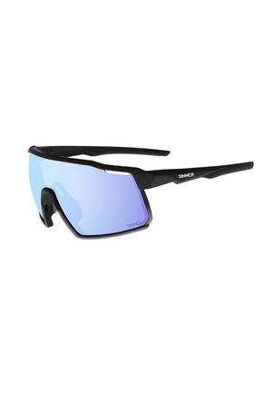 Czarne sportowe okulary przeciwsłoneczne z niebieskim lustrzanym, otaczającym soczewką i logo "SINNER" na zausznikach oraz soczewce.