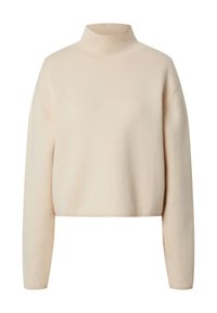 Lichtbeige cropped sweater met een hoge hals, lange mouwen en een zachte, gestructureerde brei. Heeft een naadloos ontwerp en geribbelde manchetten.