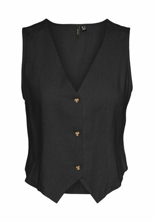 Veste noire sans manches avec col en V et trois boutons marron sur le devant, avec un ourlet légèrement pointu.