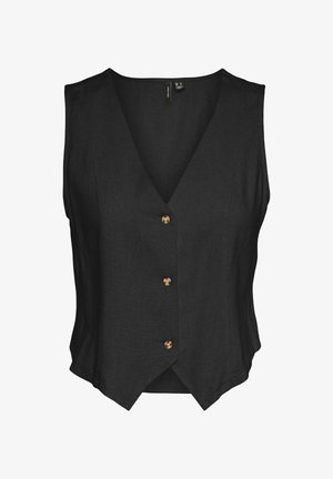Chaleco negro sin mangas con escote en V y tres botones marrones en la parte delantera, con un dobladillo ligeramente puntiagudo.