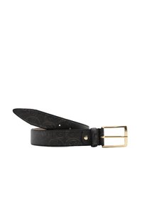 Cintura in pelle nera con motivo in rilievo, fibbia rettangolare dorata e tacche per la regolazione della misura. Texture liscia con finitura pulita.