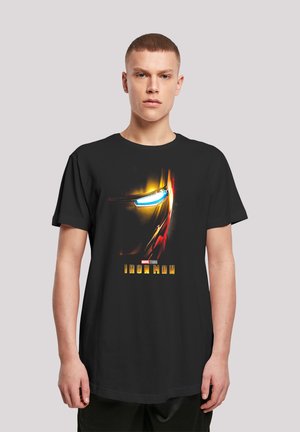 Black cotton t-shirt featuring a graphic of Iron Man's helmet with blue light accents and gold text reading "Iron Man" at the bottom.