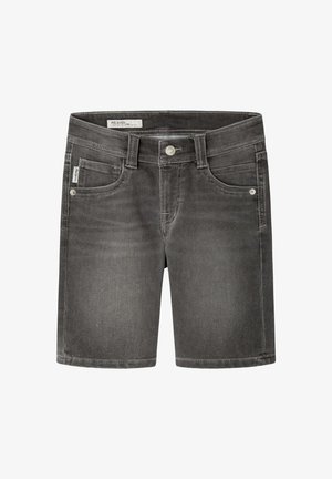 Dunkelgraue Jeansshorts mit lockerem Sitz, Vordertaschen, Gürtelschlaufen und einem Metall-Knopverschluss.