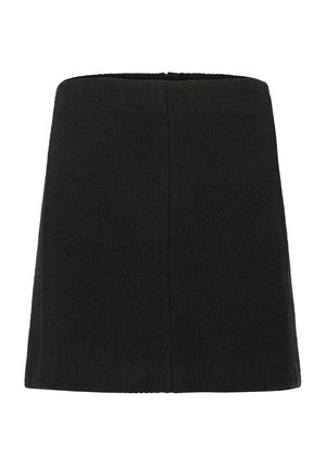 Gonna mini nera in lana con una forma sartoriale, caratterizzata da linee pulite, una texture liscia e una zip nascosta sul retro.