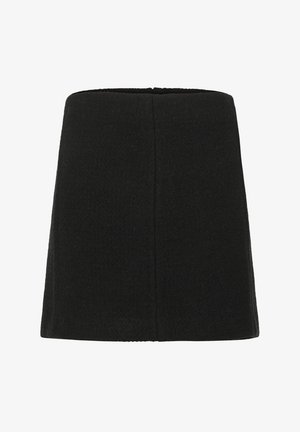 Minifalda de lana negra con forma ajustada, que presenta líneas limpias, una textura suave y una cremallera oculta en la parte trasera.