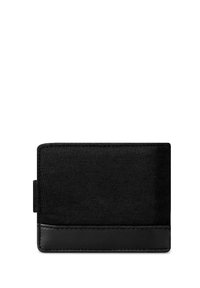 Black wallet made of fabric with a smooth leather accent. Features a simple rectangular shape and a side slot for cards or cash.