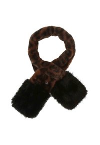 Sciarpa in pelliccia sintetica con un motivo animalier marrone e nero. Presenta estremità nere soffici e una forma circolare. Texture morbida.
