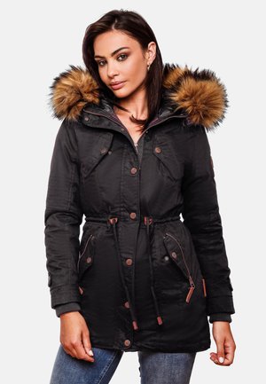 Black parka with faux fur hood, cinched waist, button and zipper closures, and multiple pockets. Features textured fabric and contrasting accents.