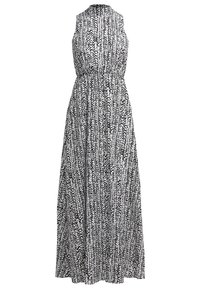 Maxi dress in black and white abstract print, sleeveless design, high neckline, fitted waist, flowing skirt, lightweight fabric.