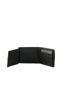 Portafoglio in pelle nera con numerosi slot per carte, un interno testurizzato e un esterno liscio. Design pieghevole, privo di hardware o decorazioni aggiuntive.