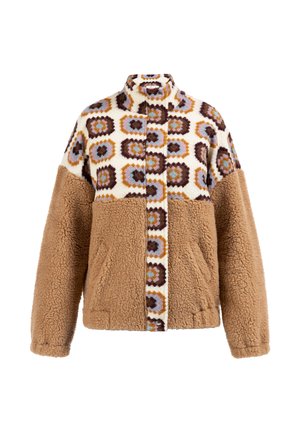 Fleecejakke med et multicolor geometrisk mønster på toppen, med en brun pelslignende tekstur på ærmerne og den nederste del. Høj krave design.