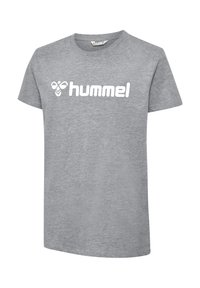 Graues T-Shirt mit kurzen Ärmeln und rundem Ausschnitt, mit weißem "hummel"-Logo und stilisiertem Bienen-Emblem in der Mitte der Brust.