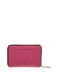 Portafoglio in pelle rosa con zip marrone. Presenta slot per carte da un lato e un scomparto con zip. Finitura testurizzata, design compatto.