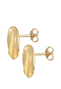 Cercei cu studs de culoare aurie, cu un design texturat de frunză ondulată. Acestea au clips cu fluture pentru o prindere sigură. Finisaj metalic neted.
