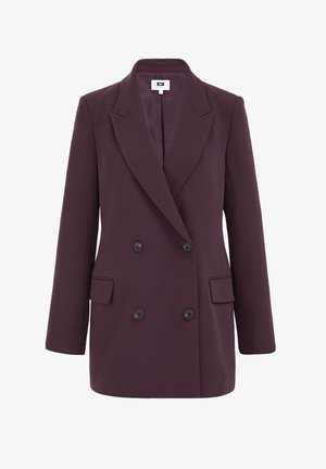 Dunkellila, doppelt brüstige Blazer mit steigenden Revers, vier schwarzen Knöpfen, Klapptaschen und langen Ärmeln, in Größe 36 gekennzeichnet.