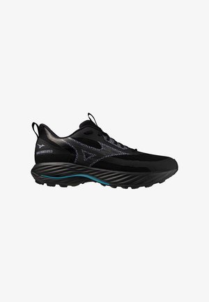Black running shoe with a textured upper, reflective accents, and a sturdy sole. Features a cushioned collar and laces for secure fit.