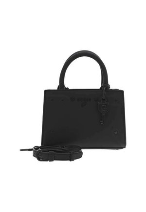 Sac à main structuré noir avec poignée supérieure, bandoulière détachable et breloque en forme de clé accrochée à l'avant.