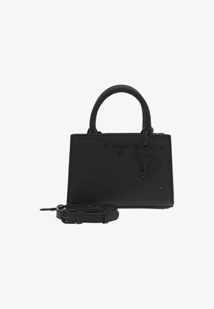 Sac à main structuré noir avec poignée supérieure, bandoulière détachable et breloque en forme de clé accrochée à l'avant.