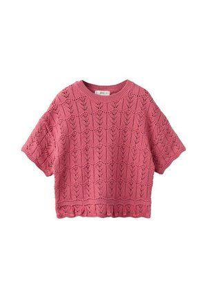 Pull tricoté rose à manches courtes avec un motif géométrique en dentelle, encolure ronde et ourlet festonné.