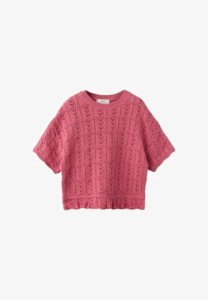 Maglione rosa a maniche corte in maglia con motivo geometrico simile a un pizzo, scollo tondo e orlo smerlato.