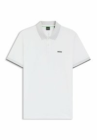 Polo blanco con cuello gris estampado. Presenta el logo "BOSS" en negro. Mangas cortas con detalle negro en los puños.