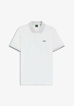 White polo shirt with a patterned grey collar. Features the "BOSS" logo in black. Short sleeves with black accent at the cuffs.