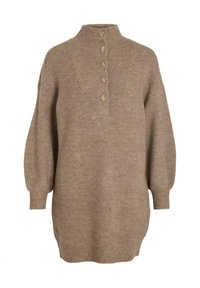 Beige stickad klänning med hög krage, femknapps placket och överdimensionerade ärmar, med en avslappnad passform och ribbad textur.