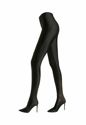 Black opaque tights with a smooth, shiny finish, designed to cover legs fully, paired with pointed black high heels.