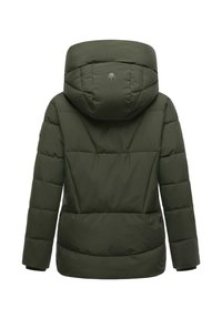 Dark green puffer jacket with a hood, featuring quilted sections, elastic cuffs, and a logo on the back. Smooth exterior texture.