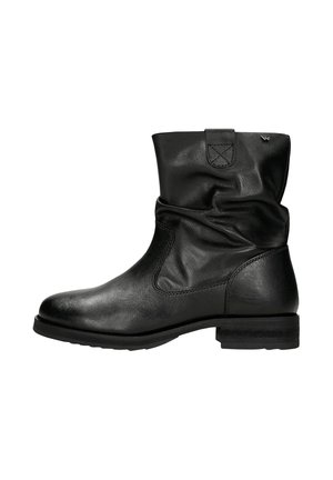 Stivaletto in pelle nera con un design morbido, punta arrotondata, una cintura decorativa nella parte superiore e un tacco basso a blocco.