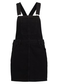 Robe salopette en denim noir avec bretelles réglables, grande poche poitrine frontale, passants pour ceinture et poches latérales.