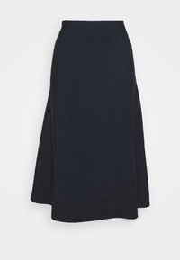 Gonna midi blu navy realizzata in tessuto liscio, con vita aderente e una silhouette leggermente svasata, caratterizzata da dettagli di design minimalisti.