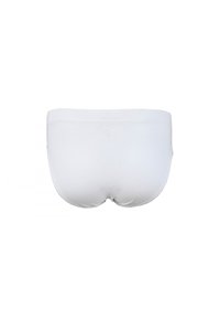 Slip bianchi in cotone con una texture liscia, taglio a vita media e elastico in vita, caratterizzati da un design semplice senza motivi o accessori.